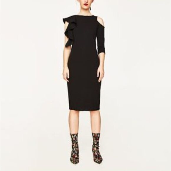 𝅺ZARA Asymmetrical One Sleeve Ruffle Cold Shoulder Dress - Picture 1 of 6